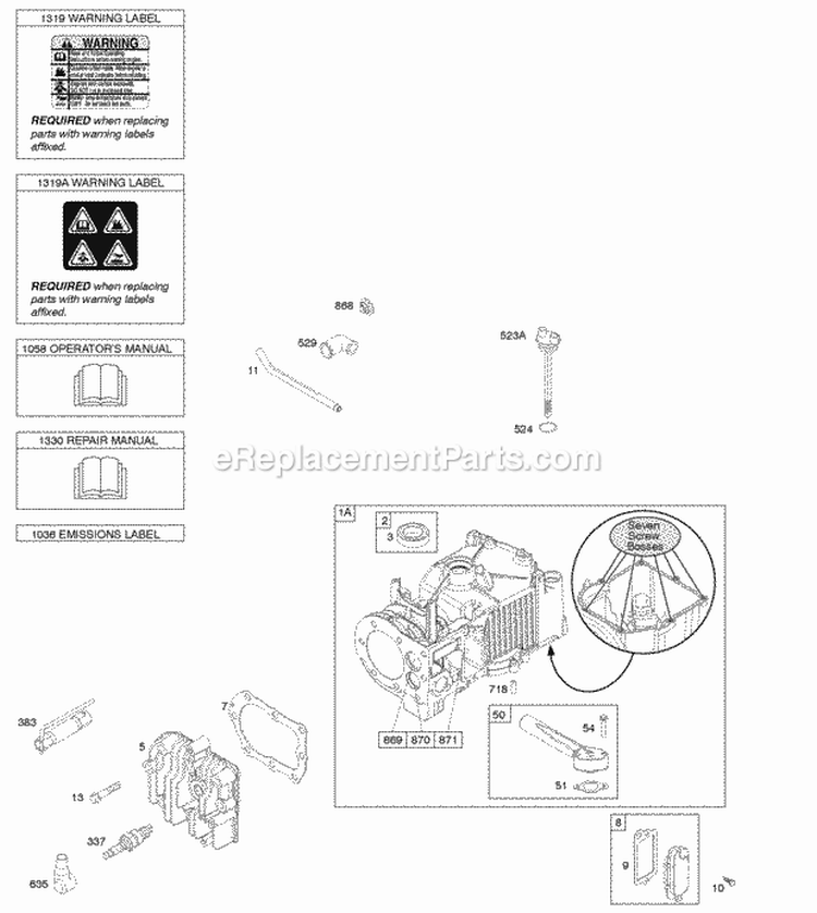 Cylinder Cylinder Head Lubrication Warning Label Diagram and Parts List for  Briggs and Stratton Engine